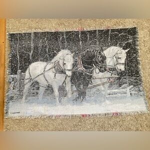 C. Cummings Woven Throw Blanket Horses Carriage Sleigh Ride Snow Winter 66x44